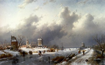  winter - eine Gefrorene Winter Landschaft mit Schlittschuhläufern Landschaft Charles Leickert
